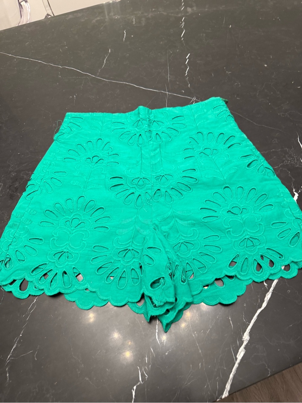 Zara Emerald Eyelet High-Waist Scallop Shorts
